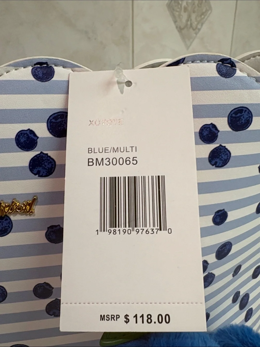 Betsey Johnson Striped Navy Blueberry Dot Tote Bag with Berry Pom Pom Charm